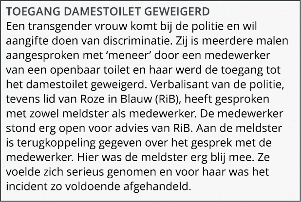 Toegang damestoilet geweigerd Een transgender vrouw komt bij de politie en wil aangifte doen van discriminatie. Zij i...